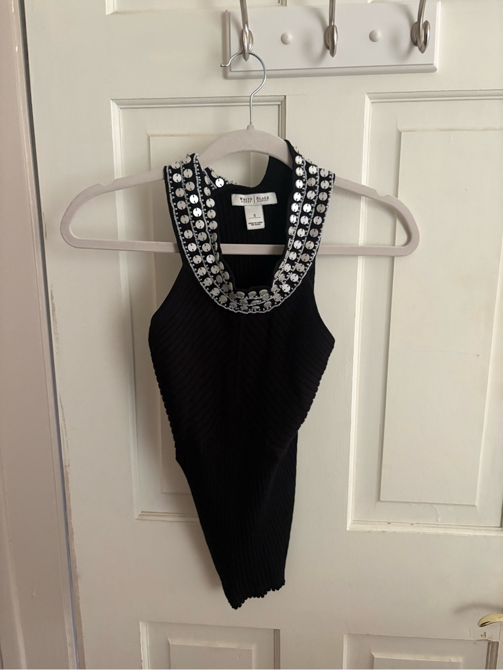 White House Black Market Black Ribbed Halter with Beaded Trim